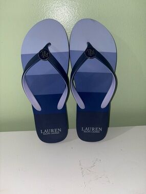Lauren Ralph Lauren Navy and Light Blue Striped Flip Flops